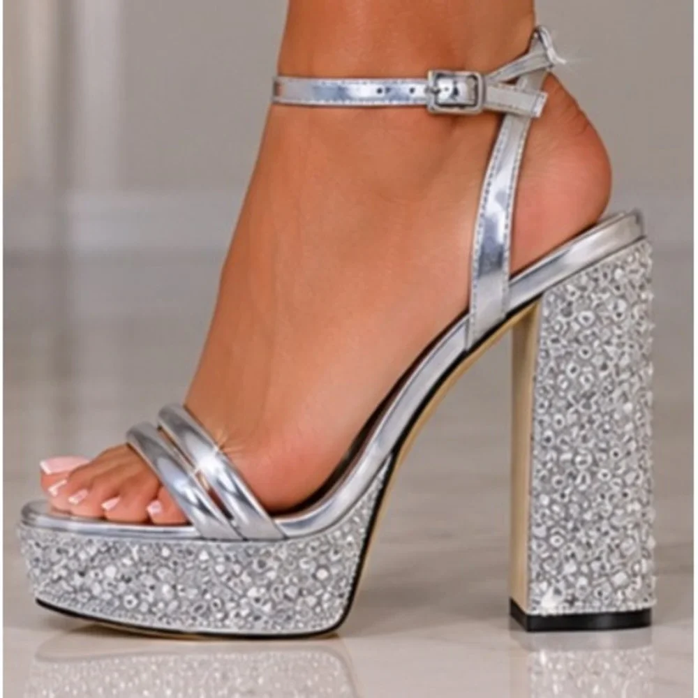 Michael Kors Silver Metallic Rhinestone Platform Block Heel Sandals Womens 9M